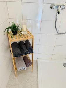 a bathroom with a rack of towels and a shower at An der Uniklinik, Apartment mit eigener Küche und renoviertem Badezimmer, Zentrale Lage in Homburg