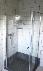a shower with a glass door in a bathroom at Haus Ramona in Struckum