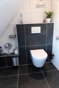 een badkamer met een wit toilet en zwarte tegels bij B&B 'Four Seasons' in Julianadorp