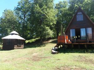 a log cabin with a gazebo in a field at Alpinas de Sollipulli refugio sollipulli in Melipeuco +5 photos