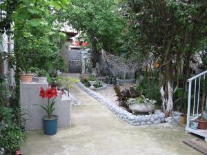 a garden with potted plants and a fence and trees at Hostel Temuri in Kutaisi