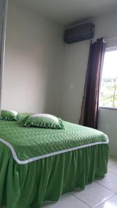 a green bed in a room with a window at Apartamento na Praia de Enseada in São Francisco do Sul +6 photos