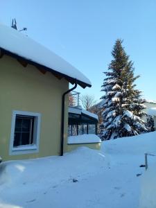 a building with snow on the ground next to a tree at Ferienhaus Anna Semmering in Semmering