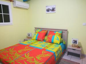 una camera da letto con un letto con coperte e cuscini colorati di Calme Villa a Sainte-Rose