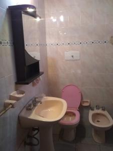 a bathroom with a pink toilet and a sink at Laura in Rosario