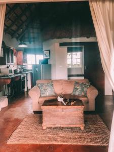 Pennygum Country Cottages في أندربرغ: غرفة معيشة مع أريكة وطاولة قهوة