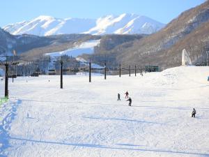 a group of people skiing down a snow covered slope at Hotel Sunny Valley in Otari