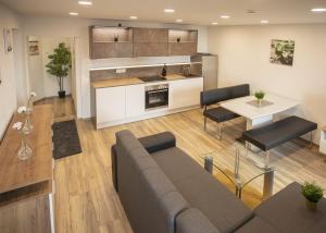 a living room with a couch and a kitchen at Modern Old Town Apartment in Hall in Tirol