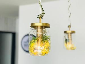 a mason jar with plants in it hanging from a wall at Shooting Star the Bed & Breakfast in Furano