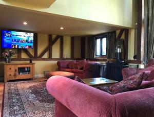 a living room with purple furniture and a flat screen tv at Corner Farm Barn in Halesworth