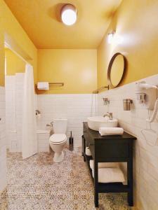 bagno con lavabo, servizi igienici e specchio di Tourist B&C a Curtea de Argeş
