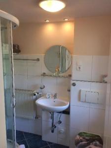 a bathroom with a sink and a mirror at Ferienwohnungen Weber in Friedrichsbrunn