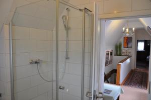 La salle de bains est pourvue d'une douche avec une porte en verre. dans l'établissement Pension Haus Gertrud, à Donauwörth