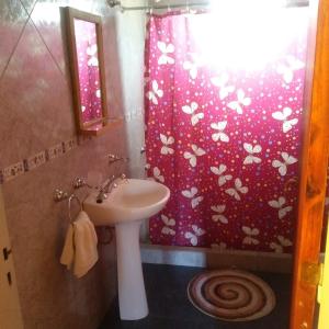 La salle de bains est pourvue d'un lavabo et d'un rideau de douche avec le cœur. dans l'établissement Casa de Vero, à Mina Clavero