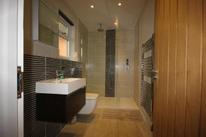 ein Badezimmer mit Waschbecken, Toilette und Dusche in der Unterkunft Flintstone Cottages in Chichester + 48 Fotos