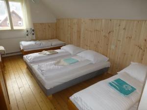 two beds in a room with wood paneling at Villa Ester in Tatranská Lomnica