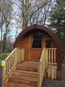 a small wooden cabin with a wooden door and stairs at Posh Pod in Tyndrum