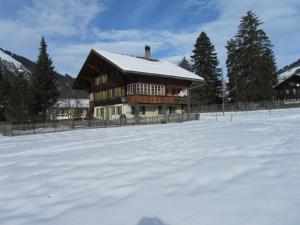 une maison dans la neige avec une cour recouverte de neige dans l'établissement Chalet Halten, à Lenk im Simmental