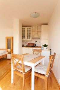 een keuken en eetkamer met een tafel en stoelen bij Vitkov Park Apartment in Praag