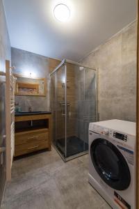 uma máquina de lavar roupa na casa de banho com um chuveiro em ODYSSEE CRC04 - Charmant appartement sur les pistes em La Toussuire