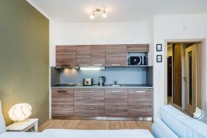a kitchen with wooden cabinets and a blue couch at REZIDENCE U VLTAVY in Prague
