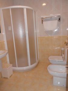 a bathroom with a shower and a toilet at Hostal Casa Museo La Pájara in Hellín