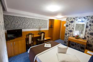 a hotel room with a bed and a tv at Pensiunea Sofia in Timişoara