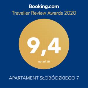 Certifikát, ocenenie alebo iný dokument vystavený v ubytovaní APARTAMENT SŁOBÓDZKIEGO 7