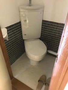 札幌市にあるハッピー アパートメントのタイル張りの客室で、バスルーム(白いトイレ付)が備わります。