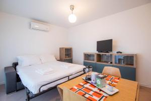 a room with a bed and a table and a tv at Monte Carlo Terrace Monaco in Beausoleil