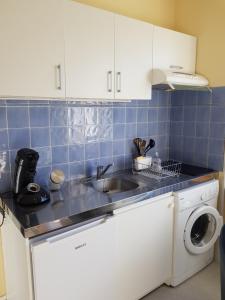 uma cozinha com um lavatório e uma máquina de lavar roupa em Aigue Marine et Coquelicot em Jonzac