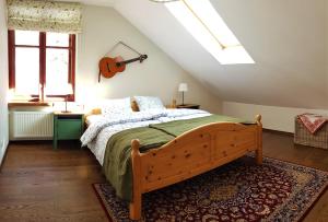 a bedroom with a bed and a violin on the wall at Apartament Międzygórze in Miedzygorze