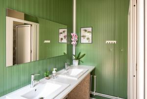 a green bathroom with two sinks and a mirror at Dragonfly Gardens Urban Glamping Brasov in Braşov