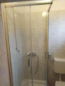 y baño con ducha y puerta de cristal. en Apartments and rooms Nediljko, en Bibinje