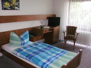 een slaapkamer met een bed, een bureau en een televisie bij Hotel Tannenhof in Erlenbach am Main