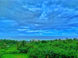 uma vista para o oceano a partir da selva em Saipan Skyline Designers Hotel em Saipan