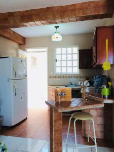 a kitchen with a counter and a white refrigerator at Hotel Maria's Nicte Ha in Progreso