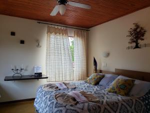 1 dormitorio con 1 cama, ventilador de techo y ventana en Pousada Beija-Flor, en Alto Paraíso de Goiás