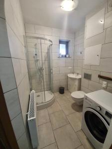 a bathroom with a shower and a toilet and a sink at Dom Wczasowy u Marci in Tymień +65 photos