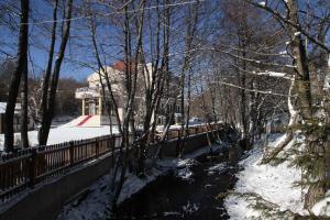 a house in the snow next to a river at Butterfly Butik Hotel in Kırklareli