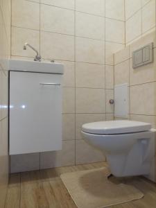 uma casa de banho com um WC branco e um lavatório. em Pokoje Gościnne em Cracóvia