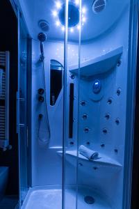 a bathroom with a shower with a glass door at FASHION APARTMENT SILVER Bologna in Bologna +62 photos