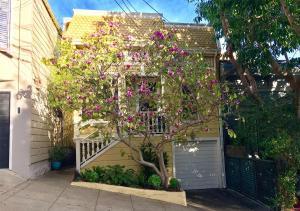 einen Baum mit rosa Blumen vor einer Garage in der Unterkunft Bali Hai Castro in San Francisco