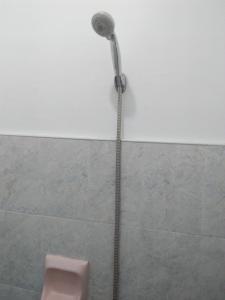 La salle de bains est pourvue d'une douche et de toilettes roses. dans l'établissement Lapyahan Guest House, à Siquijor