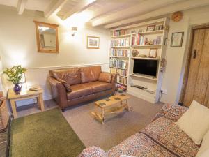 a living room with a leather couch and a tv at Haulfryn in Llangynog