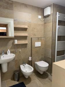 La salle de bains est pourvue de toilettes et d'un lavabo. dans l'établissement Appartamento 29, à Carisolo