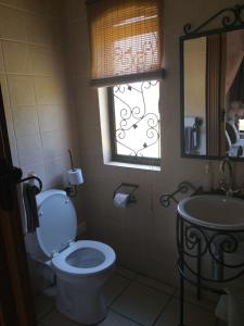 a bathroom with a toilet and a sink and a window at River Crossing in Champagne Valley