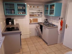 a small kitchen with a sink and a refrigerator at Pension Jahnkes Gasthaus in Todesfelde