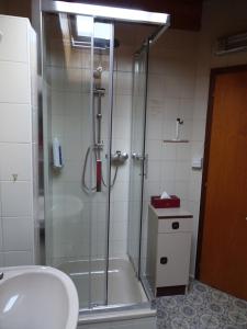 a bathroom with a shower and a toilet and a sink at la grange à Caroline in Ayent