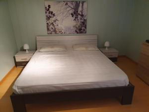 ein Schlafzimmer mit einem großen Bett mit zwei Nachttischen in der Unterkunft Chalet-Etage mitten im Dorf von Leukerbad in Leukerbad